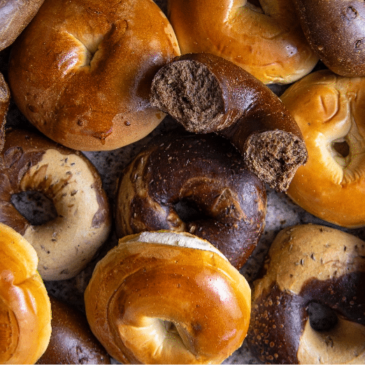 Lots of bagels in an overhead shot looking down